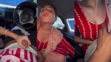 Cute babe girl's leaked mms making bf cum in car with handjob